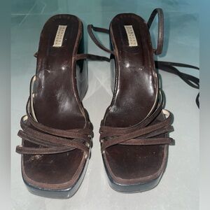 BARNEYS NEW YORK BROWN STRAPPY WEDGE SANDALS